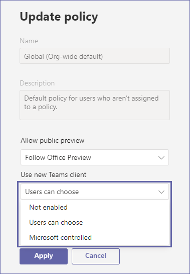 Update Microsoft Teams update policies to enable new Microsoft Teams from Microsoft Teams admin center